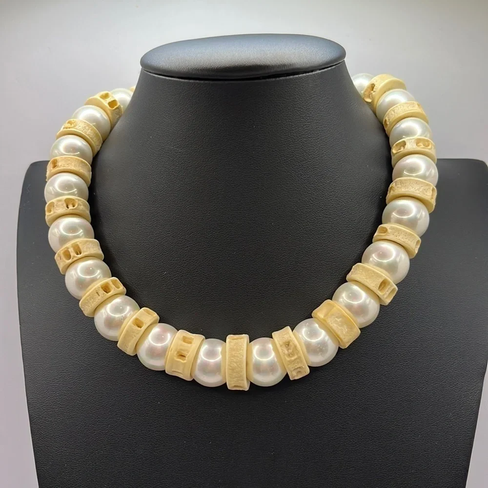 Sterling Silver Pearl and Bone Vintage unique choker necklace Toggle  Oversized